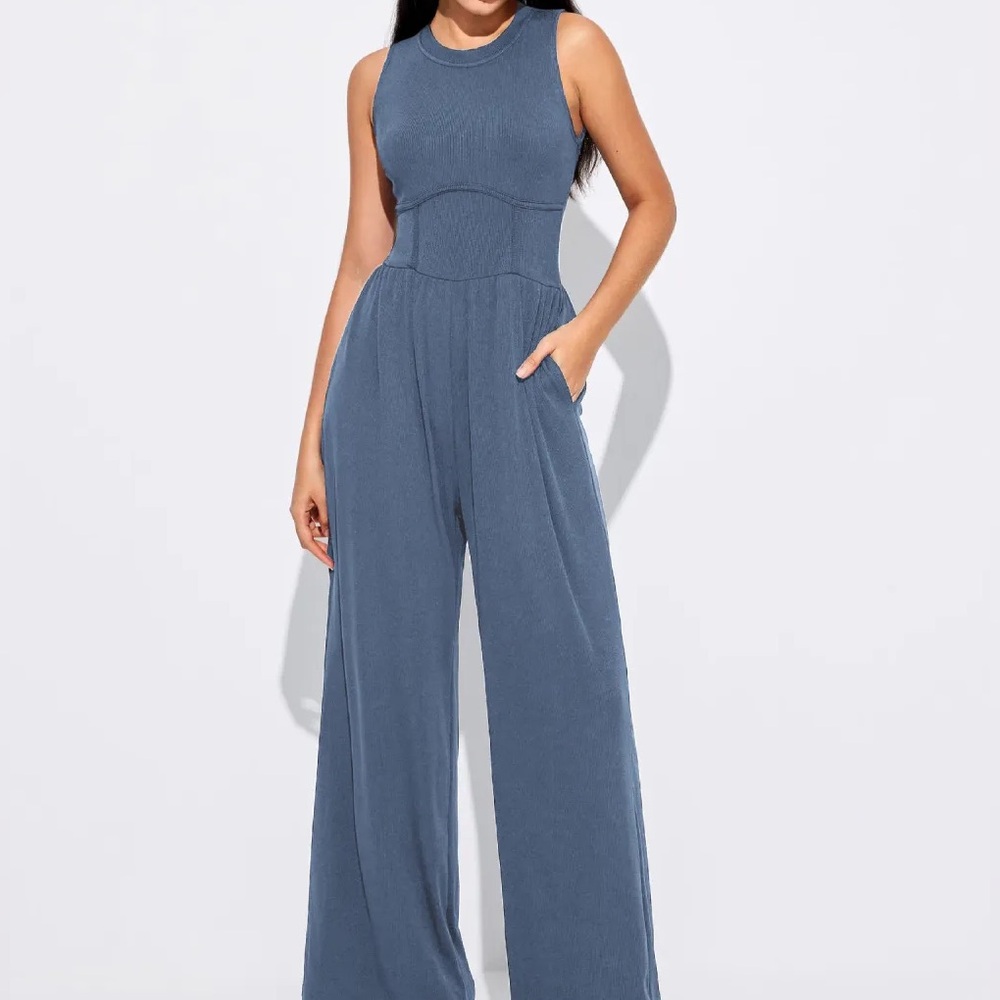 NWT Cider Solid Sleeveless Ribbed Wide Leg Blue Jumpsuit
